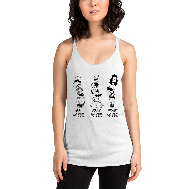 Vintage-Inspired DTG Printed Pinup Cartoon Racerback Tank that capture the essence of the iconic "See no Evil, Hear no Evil, Speak No Evil" proverb.