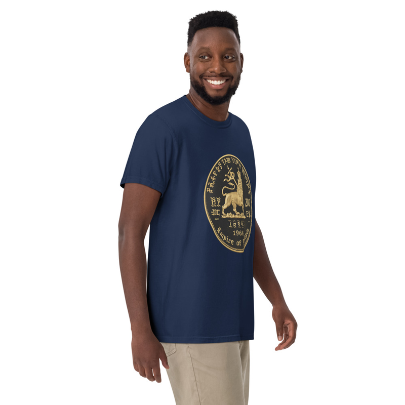 Unisex RTV-HC-0001 - 1966 Ethiopian Empire 200 Dollar Gold Proof (Reverse) garment-dyed heavyweight t-shirt – L, True Navy