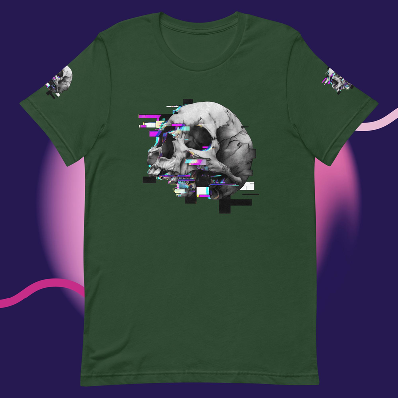 Glitched Skull Tee – Digital Decay Collecti – M, Forest