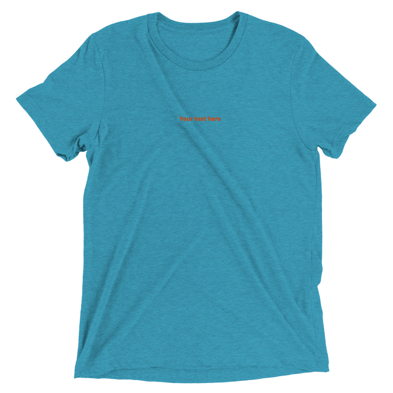 Aqua blue t-shirt with small orange "Your text here" placeholder text on the chest