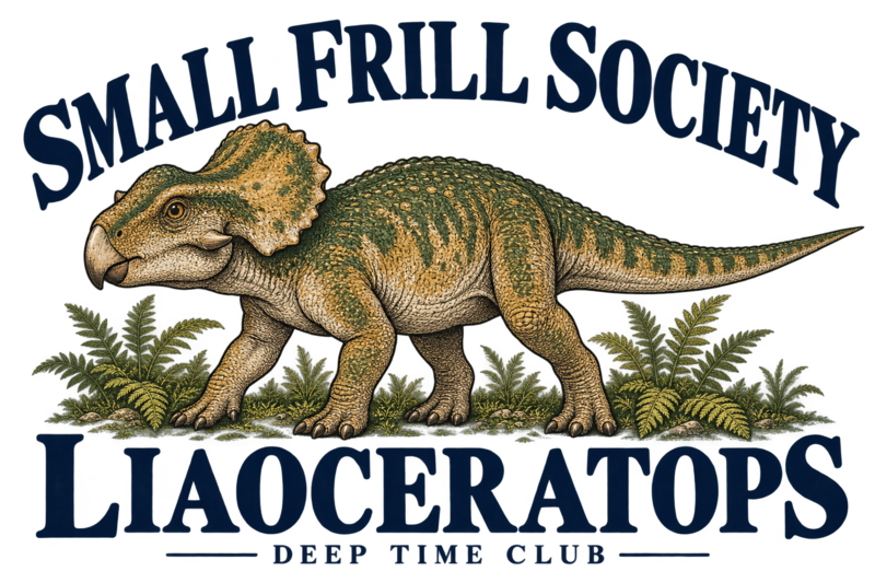 Close view of the original Small Frill Society Liaoceratops Tote graphic