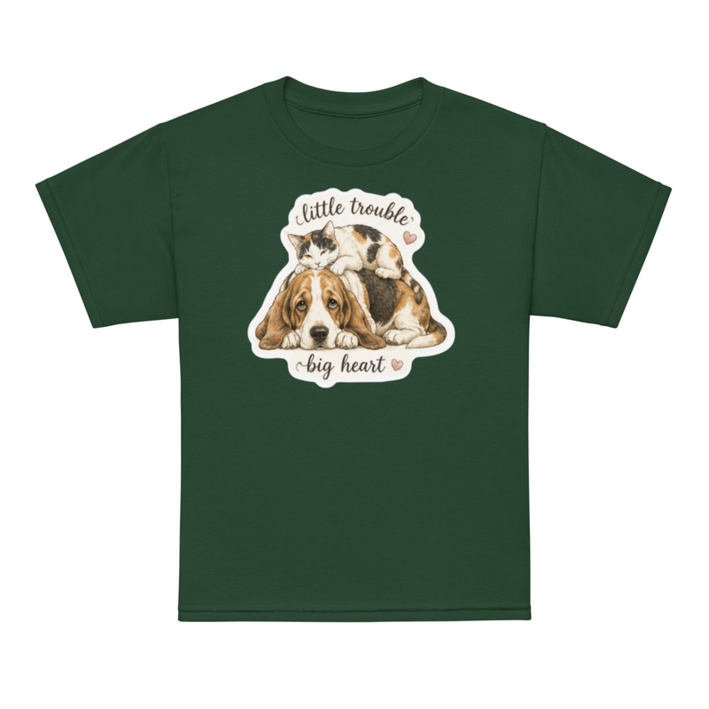 Youth t-shirt-Beau & Emma Little Trouble, Big Heart – L, Forest Green