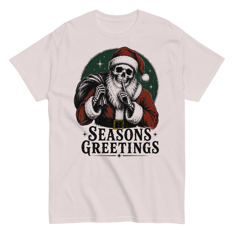 Seasons Greetings Skeleton Santa Shirt – 3XL, Ice Grey