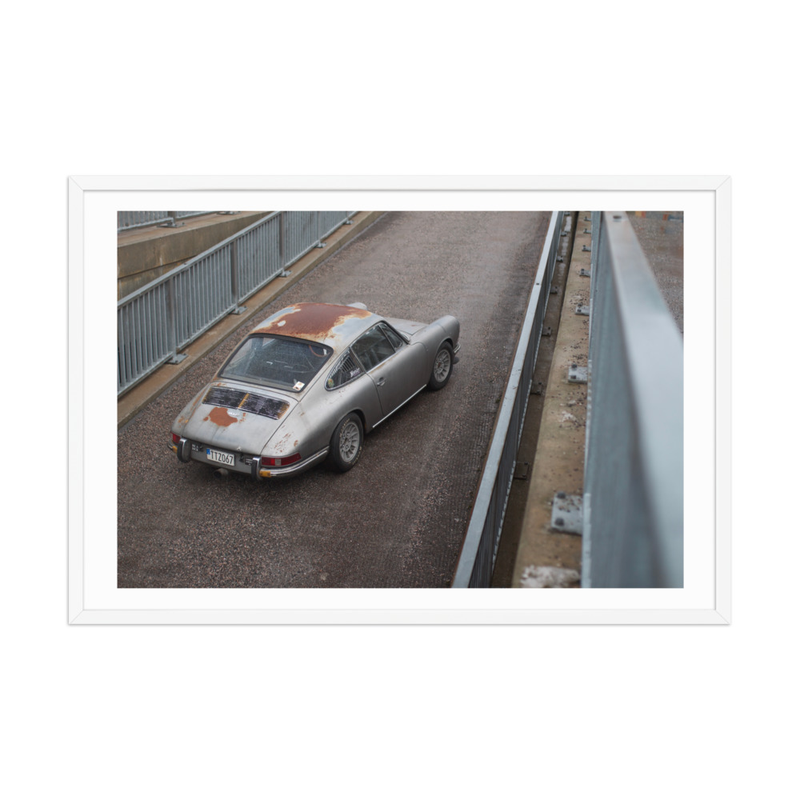 “In Rust I Trust” Porsche 912 Framed Print (in) – 24″×36″, White