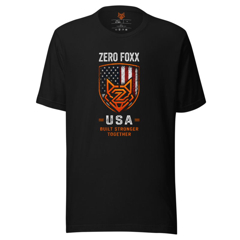 American Flag — Stronger Together Shield | Double-Sided Tee — Black / XS
