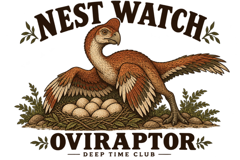 Close view of the original Nest Watch Oviraptor Tote graphic