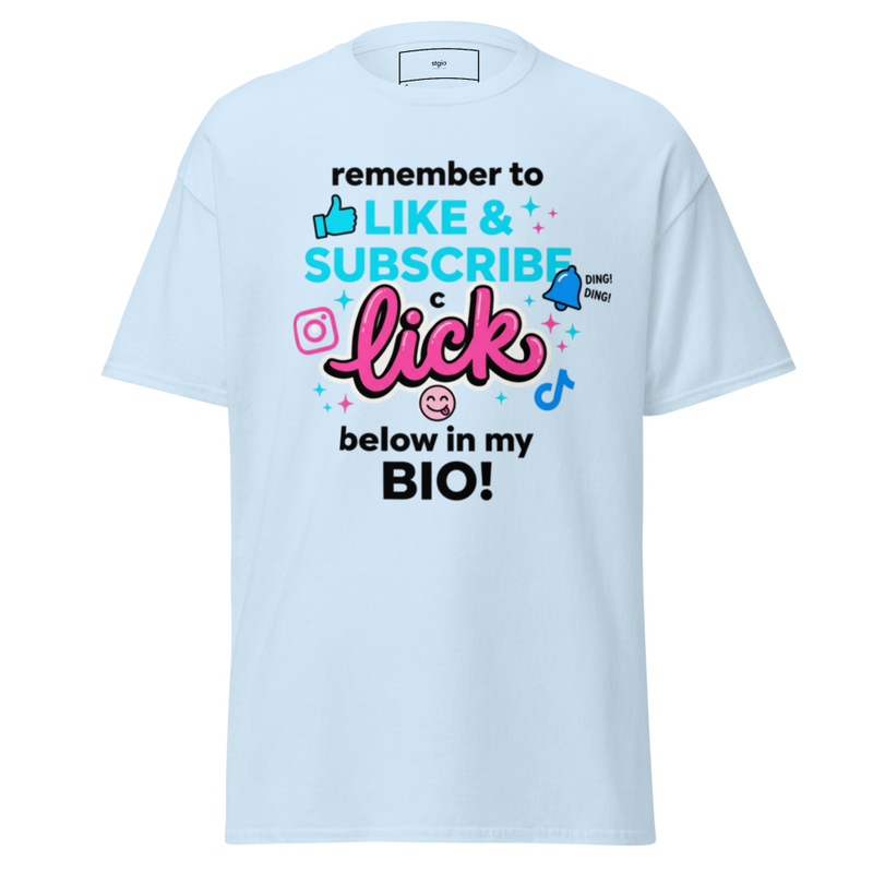 Like Subscribe Lick Bio Shirt | Funny Typo Tee | Content Creator Gift – S, Light Blue