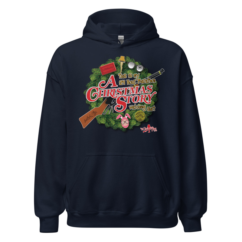 The A Christmas Story Family Wreath Hoodie – A Tribute to the 24-Hour Christmas Marathon – S, Navy