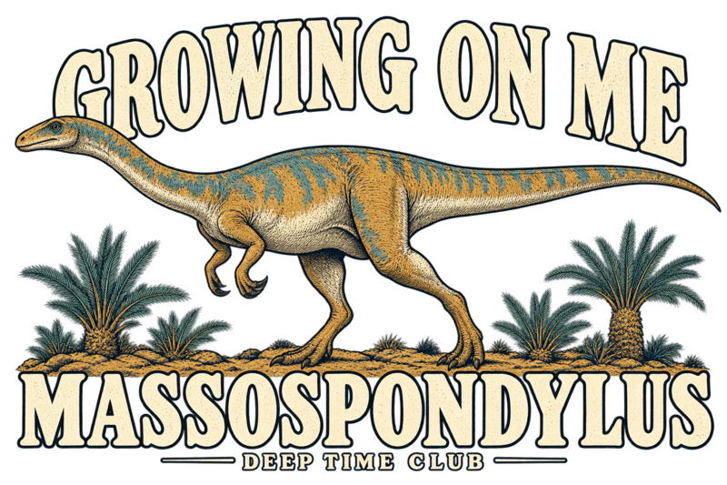 Close view of the original Growing on Me Massospondylus Crewneck graphic