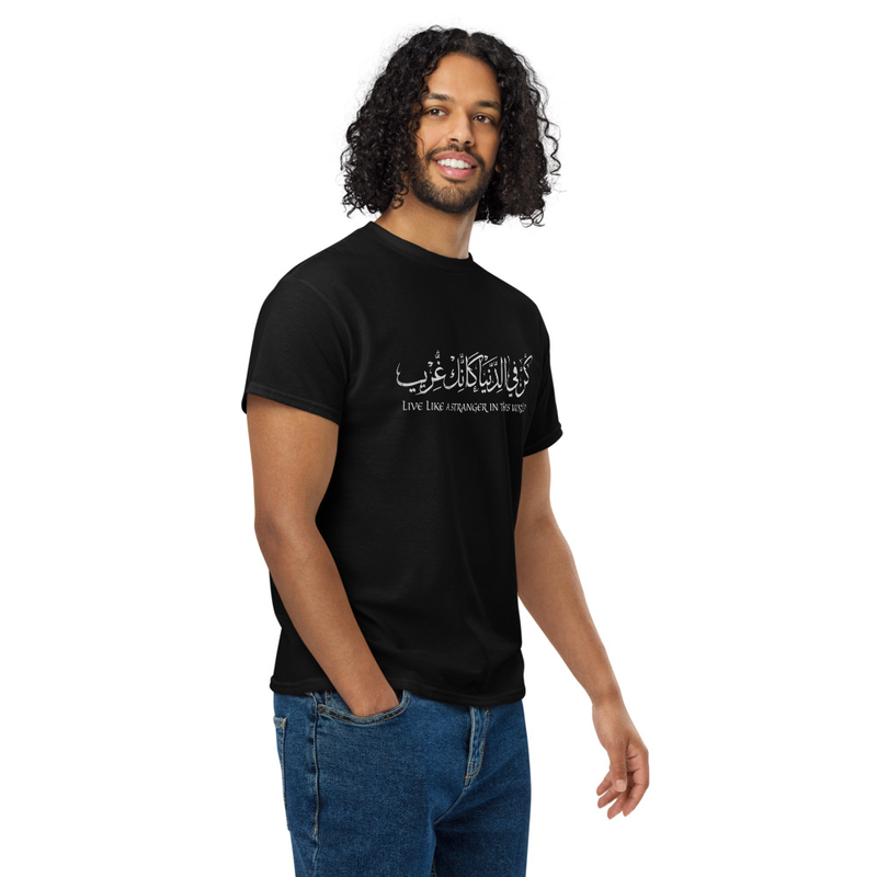 "Stranger in this World" Arabic Typography Graphic Tee | Qalam Wear DryBlend® T-Shirt
