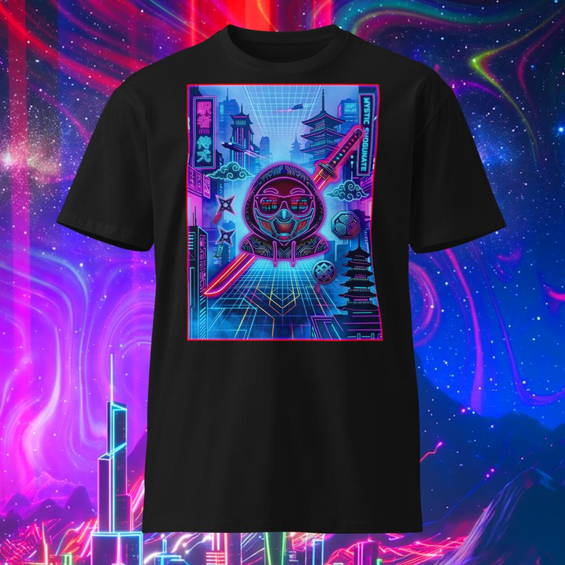Neon Cyber Samurai Facemask Katana T-shirt