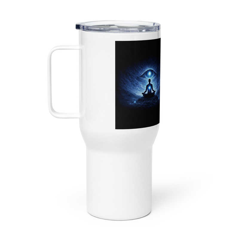 Mai Shakshi Hun:  I Am the Witness Travel Mug with Handle | Consciousness & Awareness Design / 25 oz