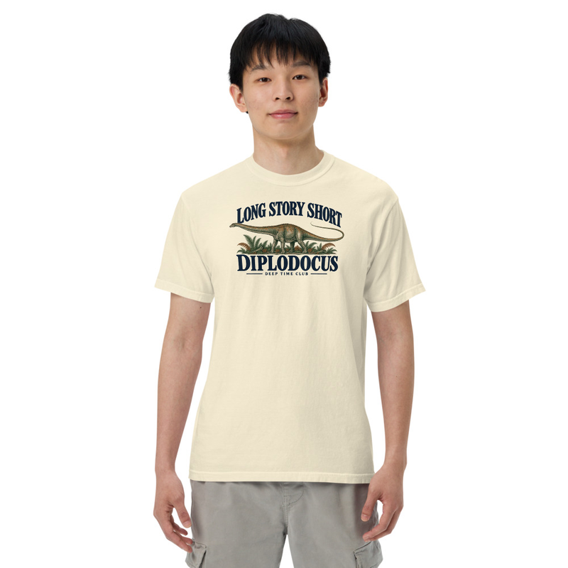 Long Story Short Diplodocus Tee supplier-rendered on-body front view in Ivory