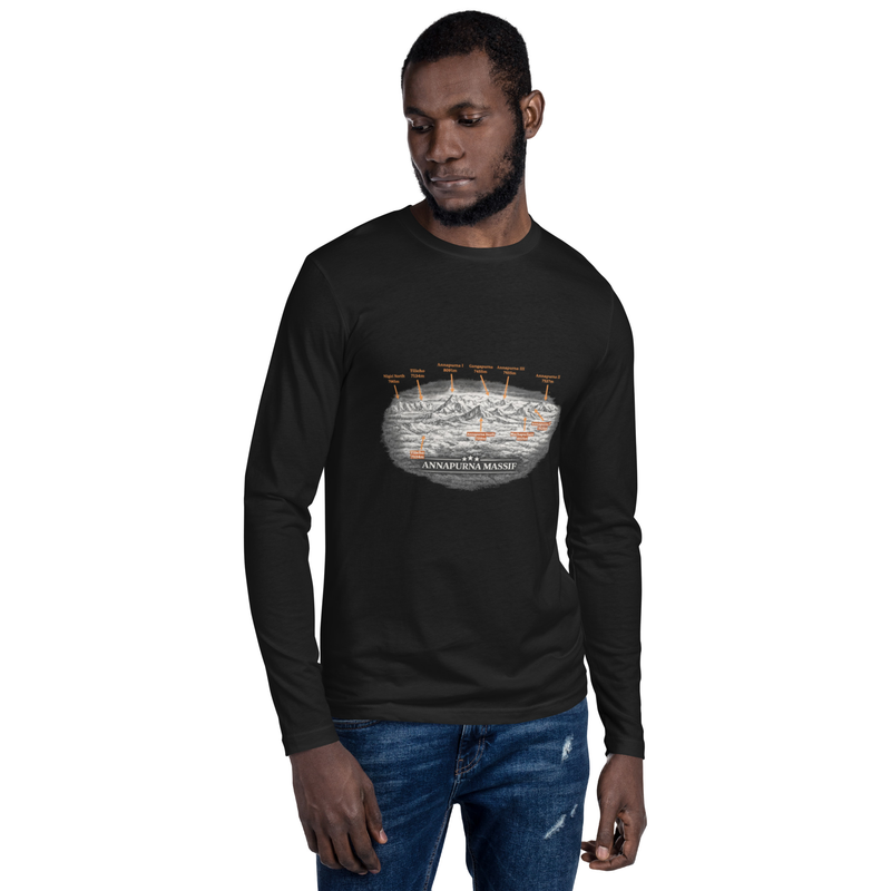 Annapurna Massif: Long Sleeve Fitted Crew | Himalayan Peaks Illustration / Black / S