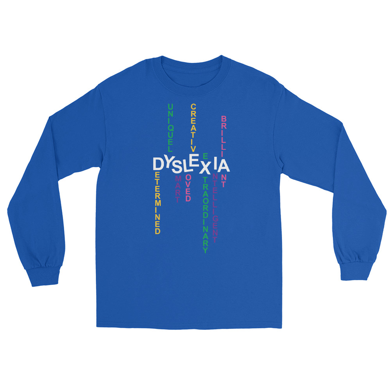 Men’s Long Sleeve Shirt with back print | Dyslexia v2 (Dark Colored) – XL, Royal