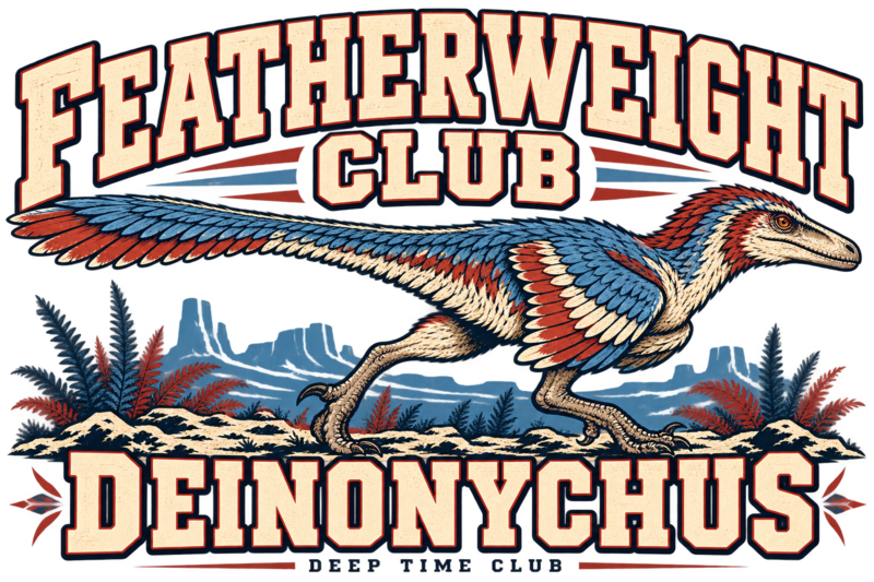 Close view of the original Featherweight Club Deinonychus Tee graphic