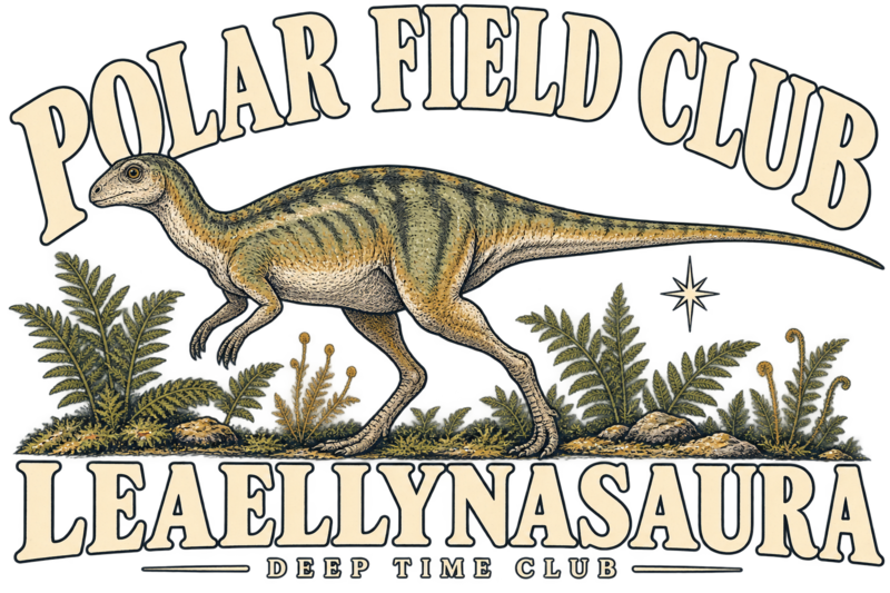 Close view of the original Polar Field Club Leaellynasaura Hoodie graphic