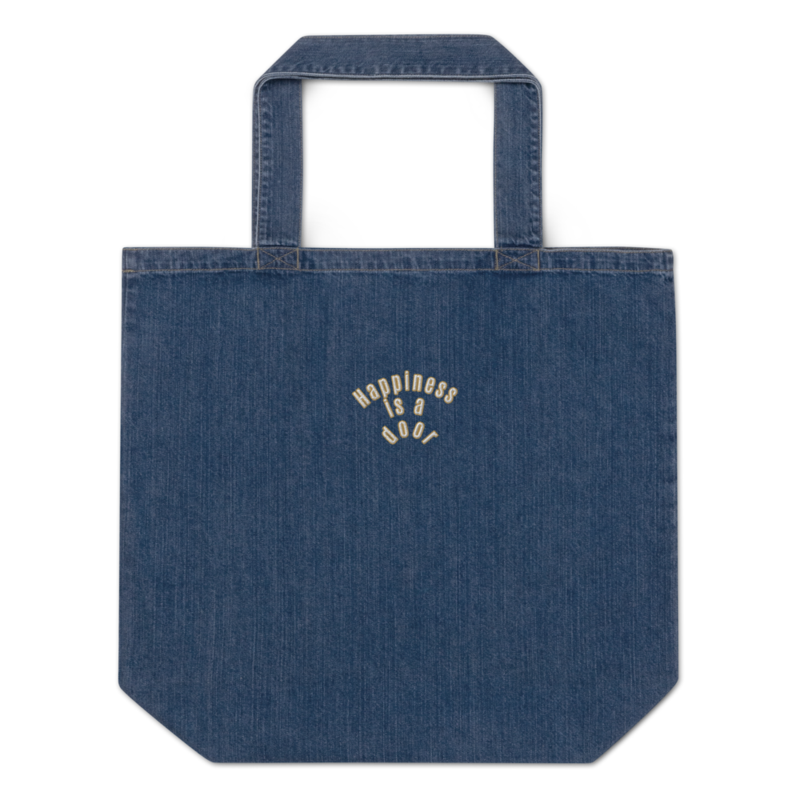 happiness is a door | Organic denim tote bag | Embroidered