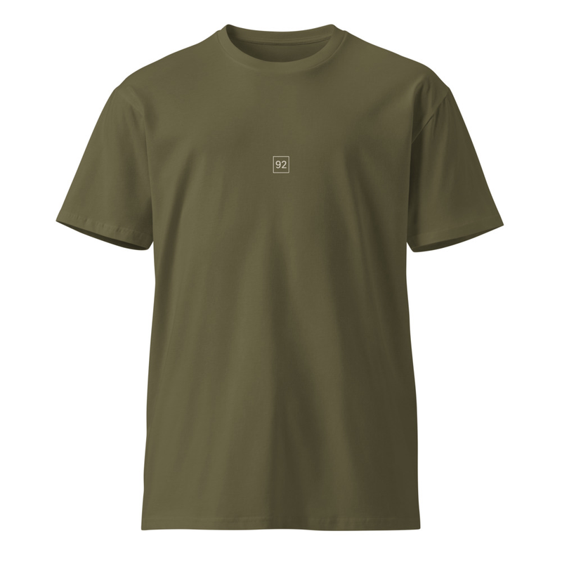 Essential Tee in army green with the 92 chest print