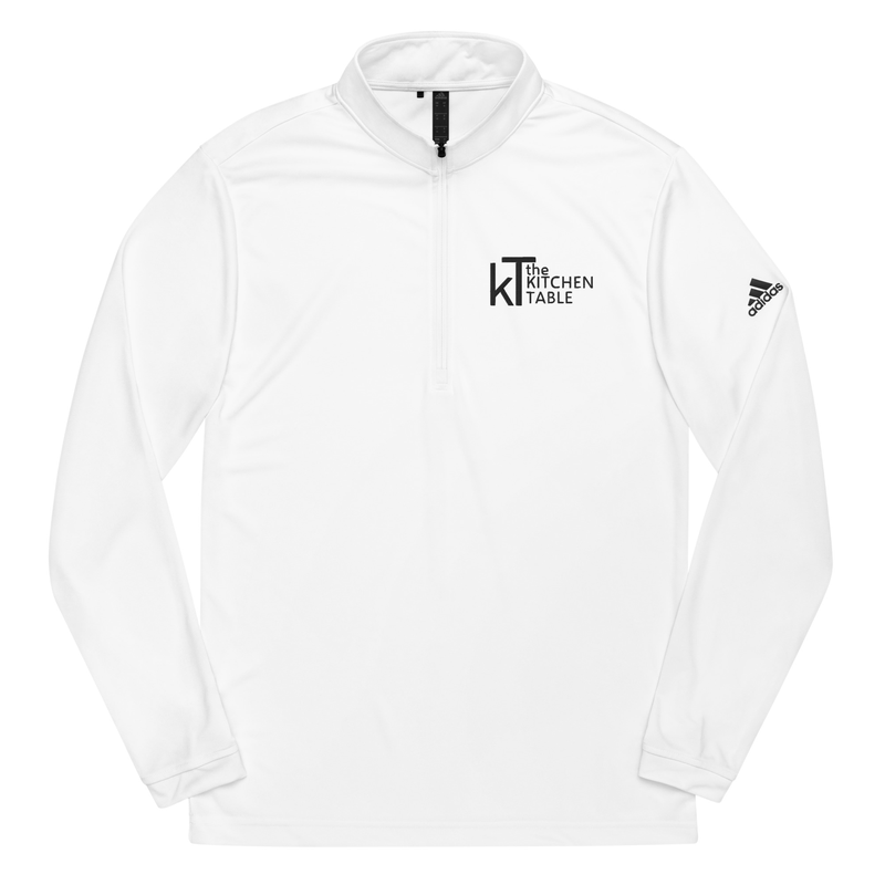 Kitchen Table Black Logo Quarter zip pullover – S, White