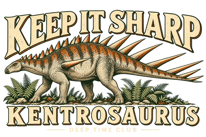 Close view of the original Keep It Sharp Kentrosaurus Crewneck graphic