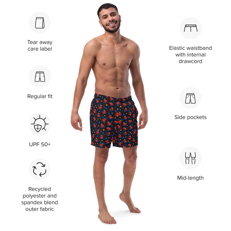 Model wearing recycled swim trunks in the Cosmic Duck orbital pattern