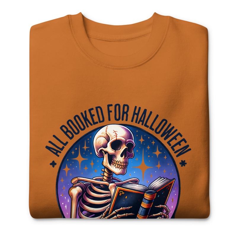 Halloween T-Shirt Skeleton Reading Book Design, All Booked for Halloween Gothic Reader Shirt – view 4
