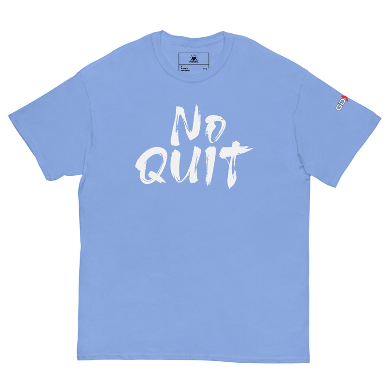 "No Quit" GDXFit Shoulder Unisex Classic Tee (shoulder logo) – S, Carolina Blue