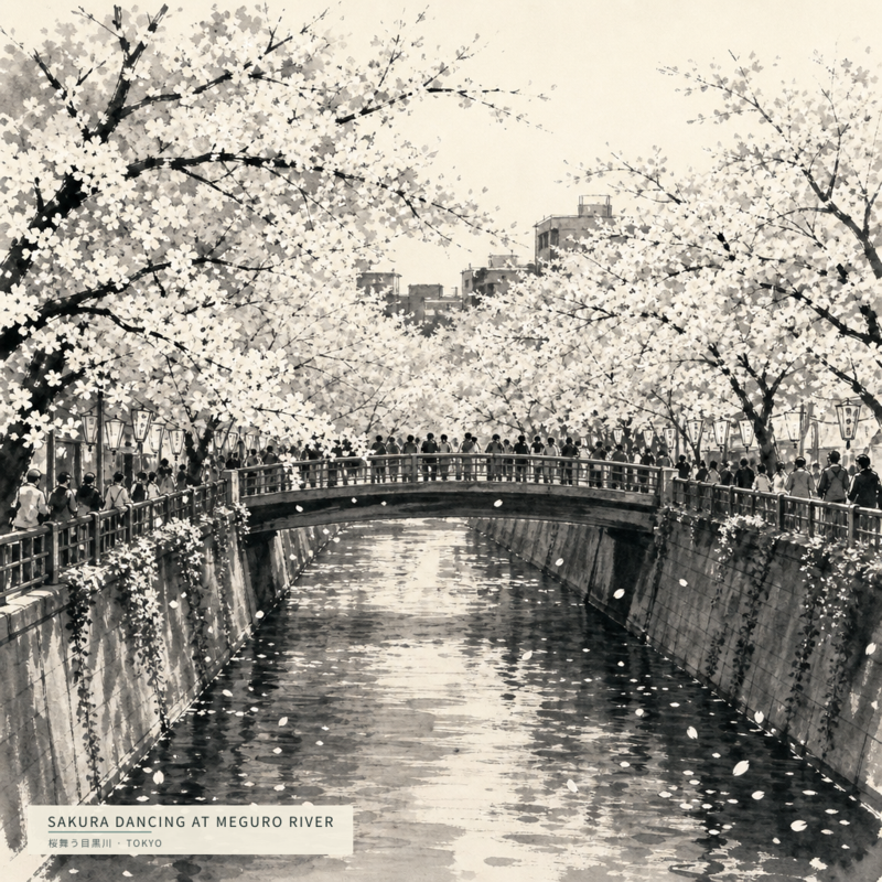 Sakura Dancing at Meguro River(桜舞う目黒川)のアートワーク