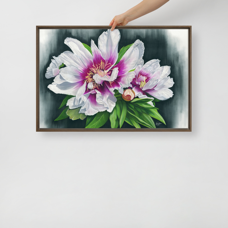 Peony Envy Framed Canvas – 20″×30″, Brown