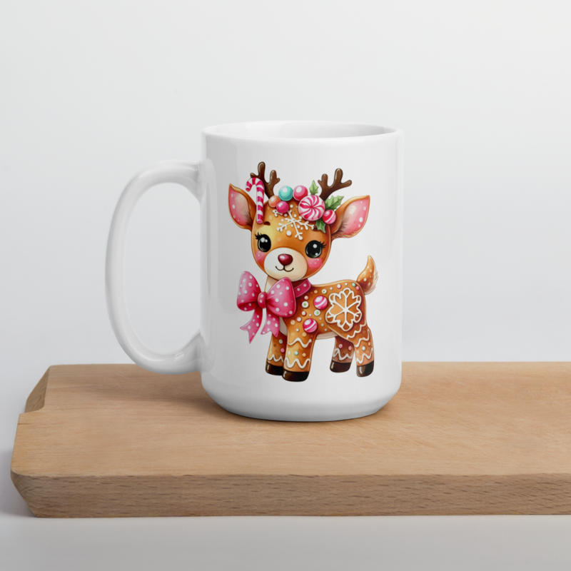 Gingerbread Reindeer White Glossy Mug – 15 oz, White