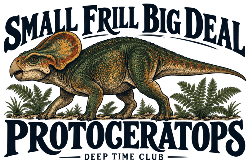 Close view of the original Small Frill Big Deal Protoceratops Tee graphic