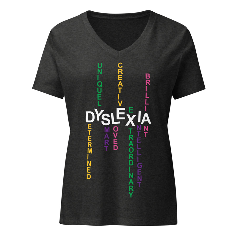 Women’s Relaxed V-neck Shirt with Back Print | Dyslexia v2 – XL, Dark Grey Heather