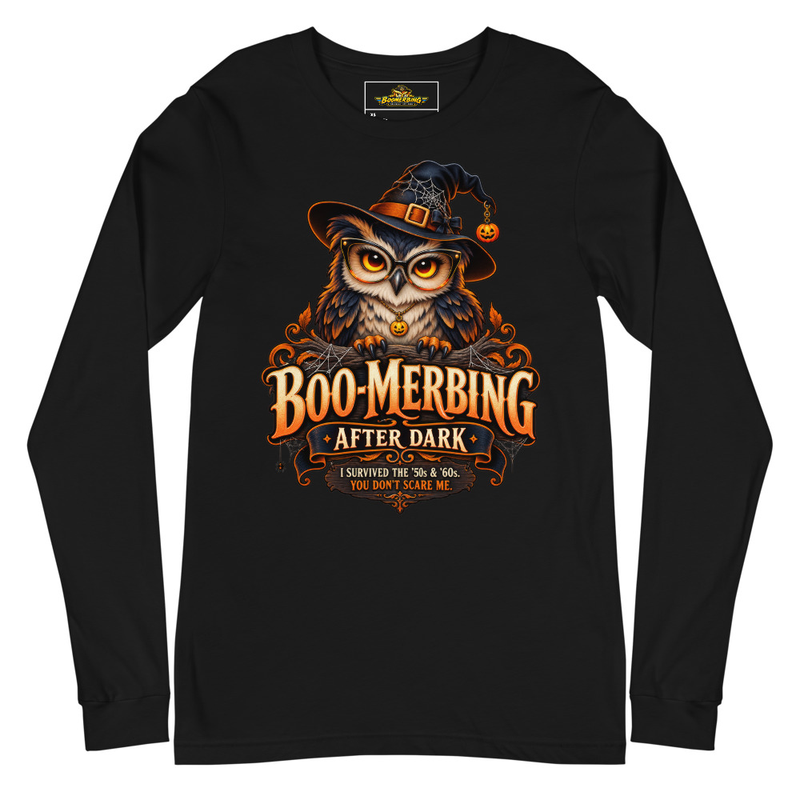 “Spooky Owl” Premium Long Sleeve Tee — BOOMERBING AFTER DARK™ – XS, Black