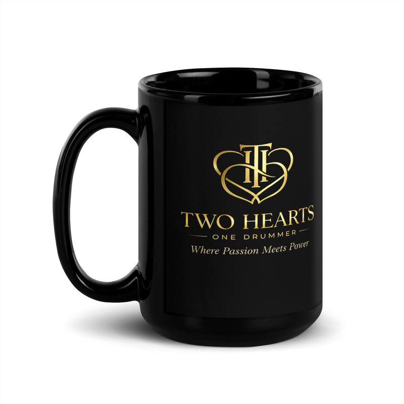 Two Hearts One Drummer Black Glossy Mug
