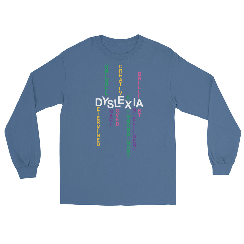 Men’s Long Sleeve Shirt with back print | Dyslexia v2 (Dark Colored) – XL, Indigo Blue