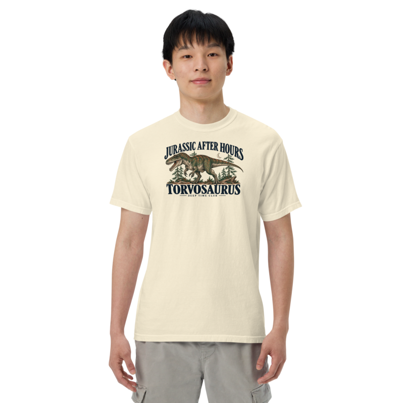 Jurassic After Hours Torvosaurus Tee supplier-rendered on-body front view in Ivory