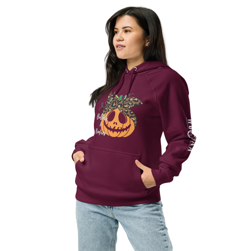 Bullets & Bonfires Pumpkin Two-Sided Unisex eco raglan hoodie – XS, Burgundy