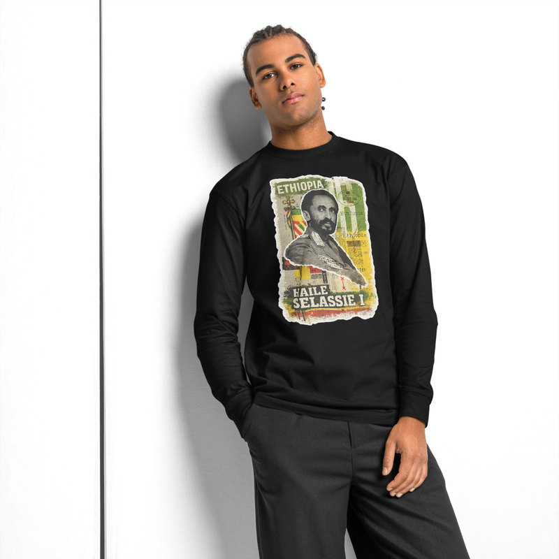 Men's heavyweight long sleeve Tee Emperor Haile Selassie I — Imperial Ethiopia Archival Stamp