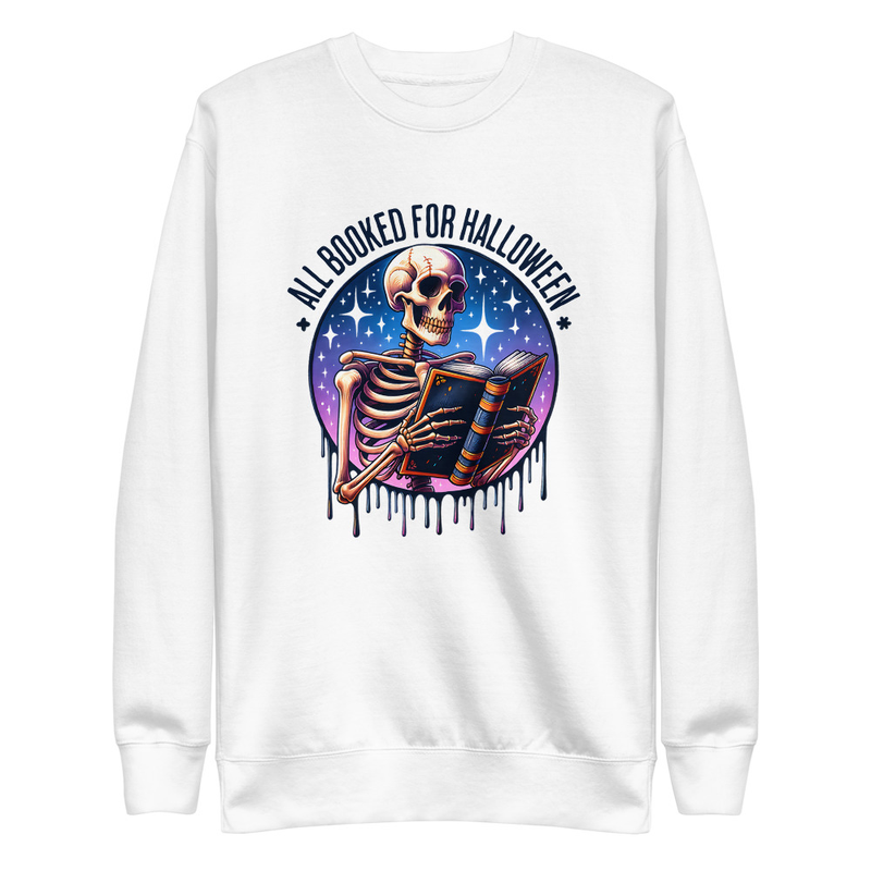 Halloween T-Shirt Skeleton Reading Book Design, All Booked for Halloween Gothic Reader Shirt – view 8