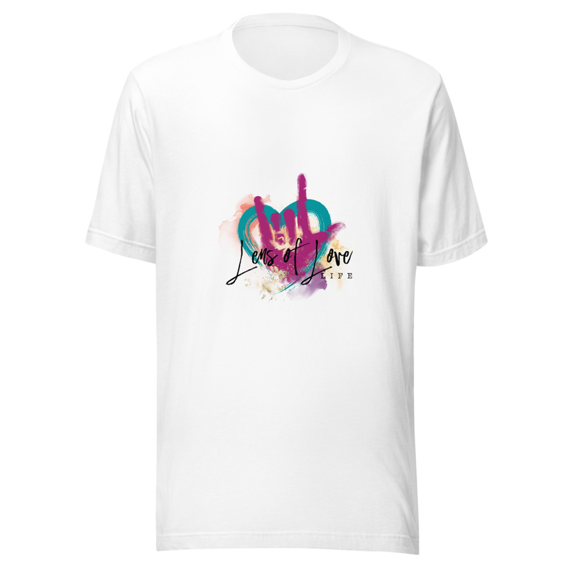 White Lens of Love tee with the turquoise-heart artwork on the front
