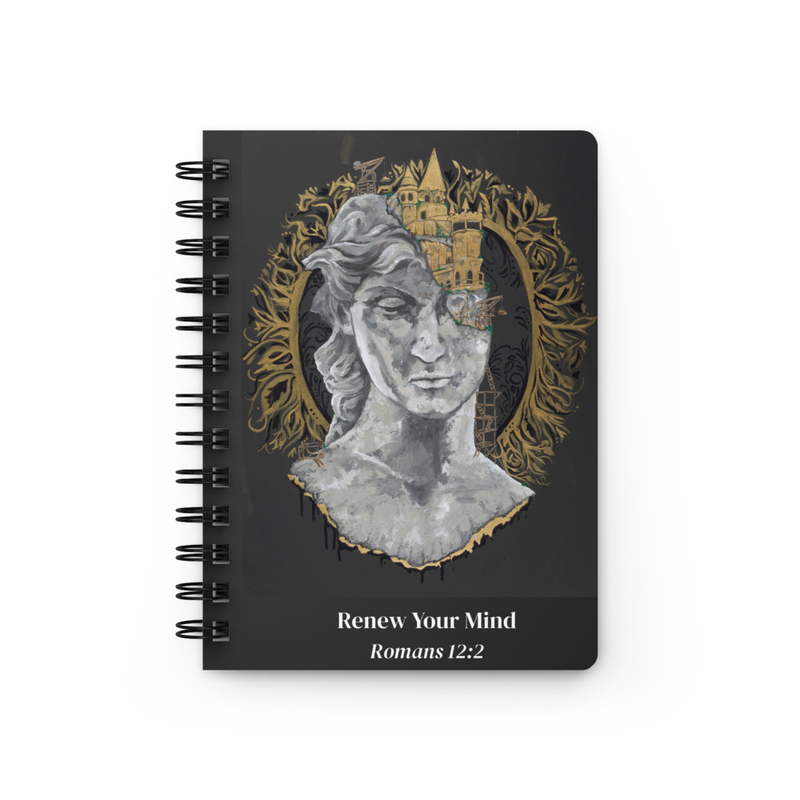 Renew your mind Journal: Marble bust with a gold castle and scaffolding built into the top of its head