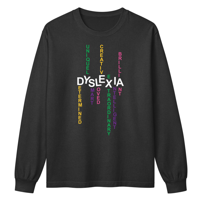 Unisex Long Sleeve Tee with Back Print | Dyslexia v2 – XL, Washed Black