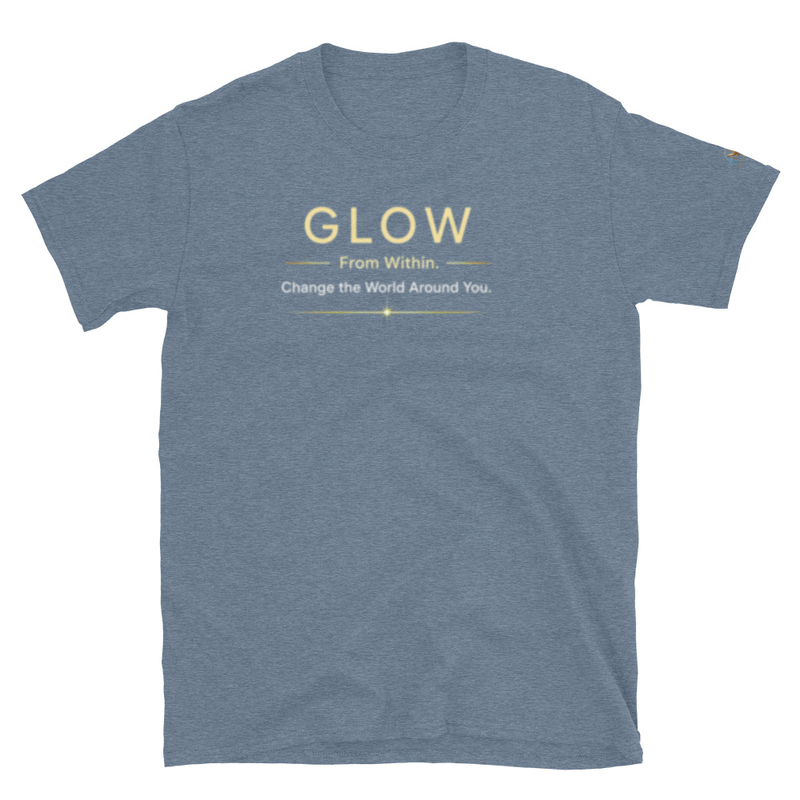 Glow Short-Sleeve Unisex T-Shirt (Warm light gold/Champagne gold letters) – S, Heather Indigo