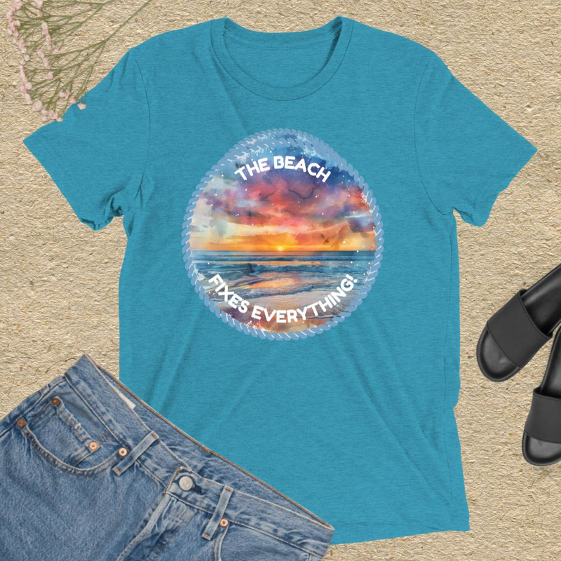 The Beach Fixes Everything Watercolor Sunset T-shirt – XS, Aqua Triblend