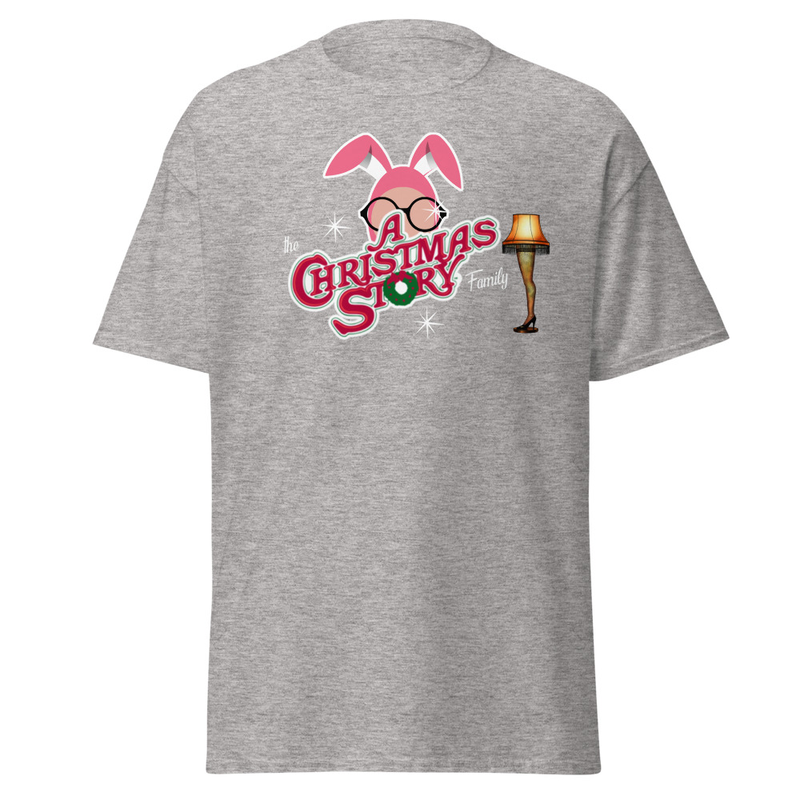 The A Christmas Story Family” Bunny Suit Logo Tee – S, Sport Grey