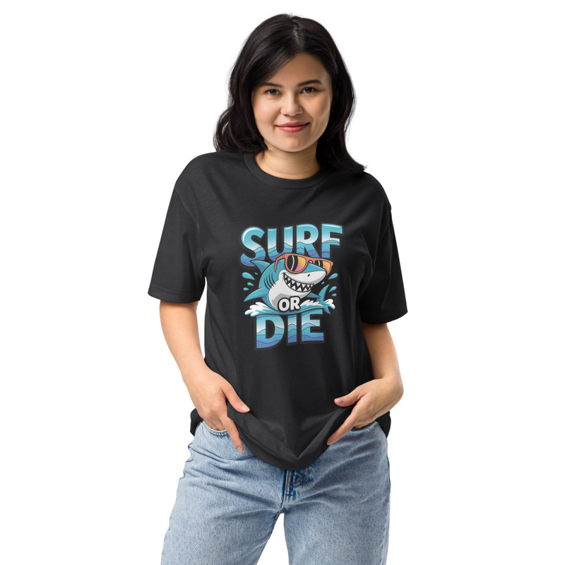 Surf or Die Shark Graphic T-Shirt – Cool Ocean Surfing Design, Unisex Fitted Tee (Next Level 6210)