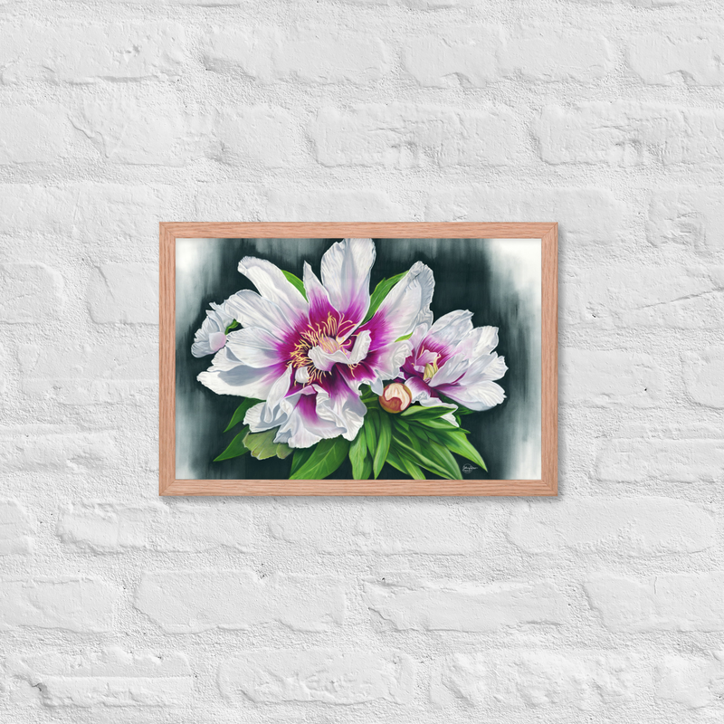 Peony Envy Framed Print – 12″×18″, Red Oak