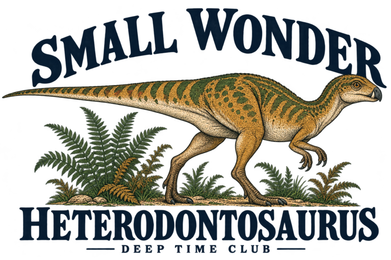 Close view of the original Small Wonder Heterodontosaurus Tee graphic