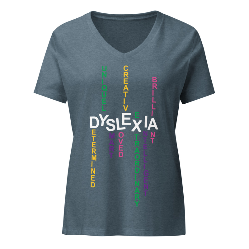 Women’s Relaxed V-neck Shirt with Back Print | Dyslexia v2 – XL, Heather Slate